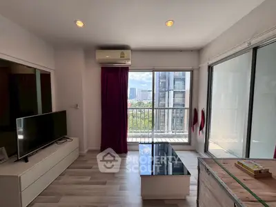 Modern living room with balcony view in high-rise apartment