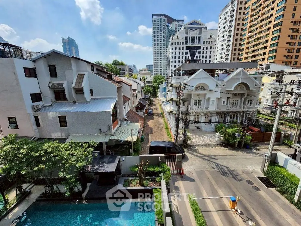 Stunning urban view with pool and modern architecture in vibrant cityscape.