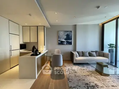 Modern open layout living room with stylish kitchen and cozy seating area