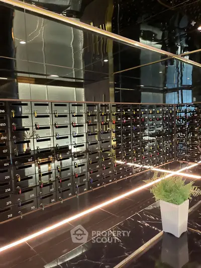 Luxurious wine storage room with sleek black design and ambient lighting