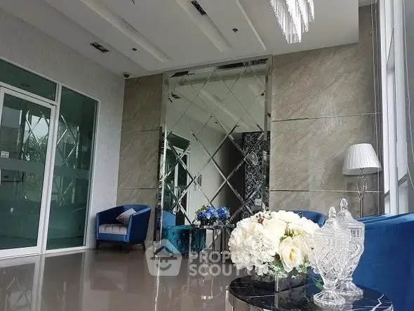 Luxurious modern living room with elegant decor and large windows