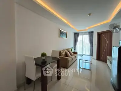 Modern living room with sleek furniture and ambient lighting