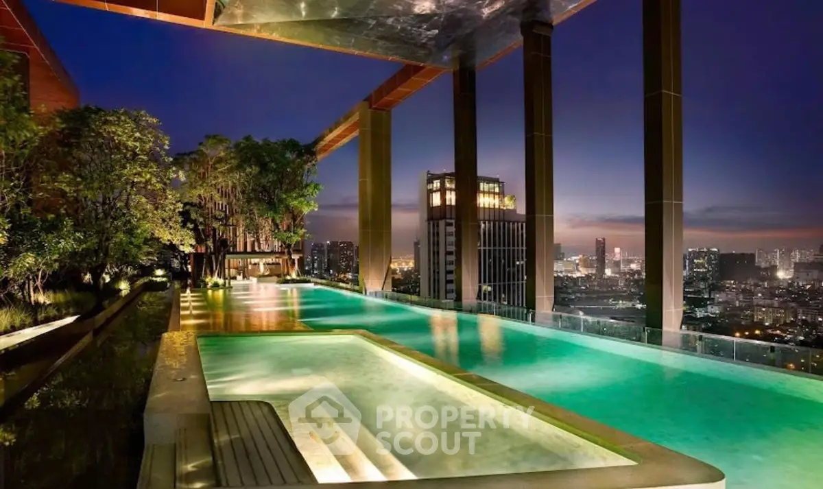 Luxurious rooftop pool with stunning city skyline views at night, perfect for upscale living.