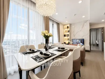 Luxurious modern living room with elegant dining area and stunning city view