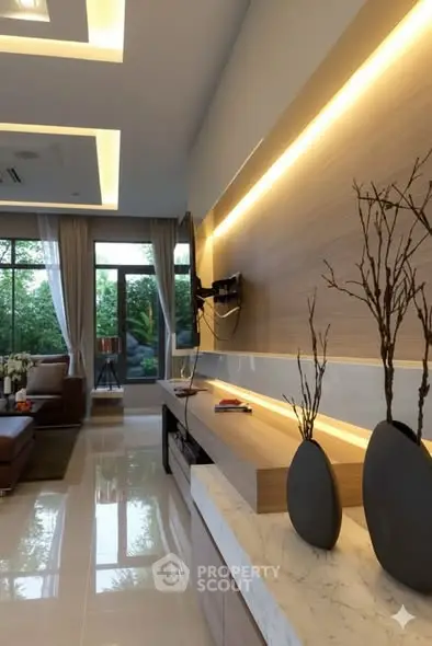 Modern living room with elegant lighting and stylish decor