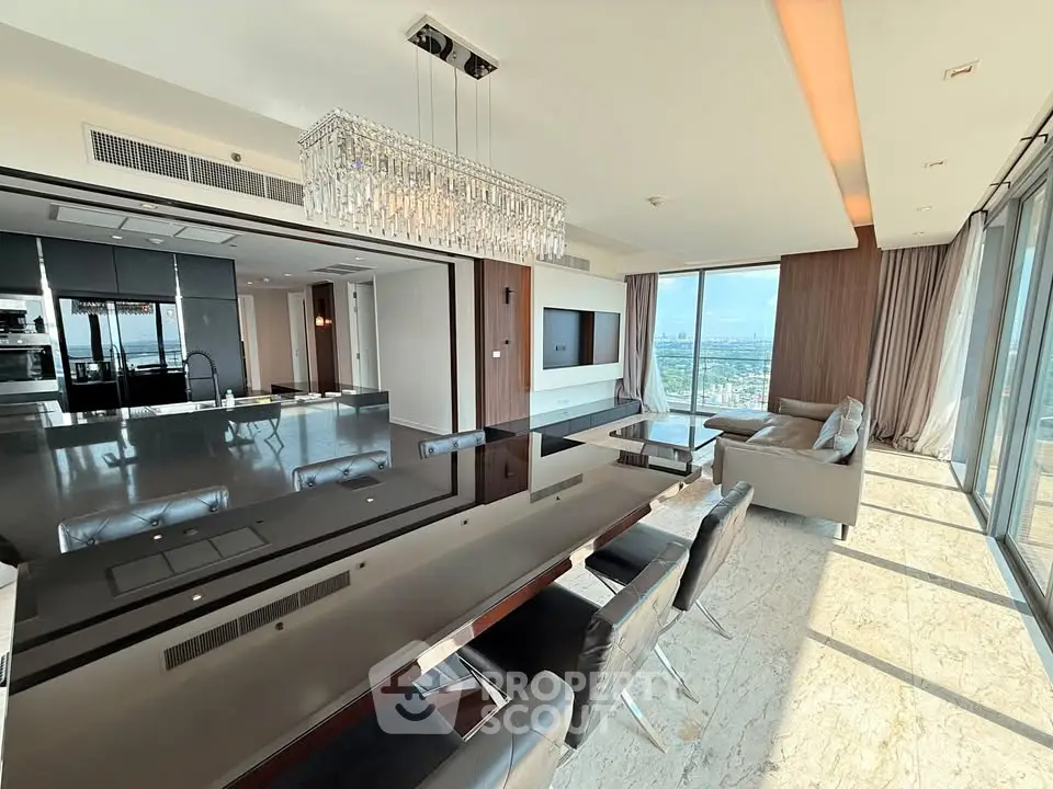 Luxurious open-plan living and dining area with stunning city views and modern decor.
