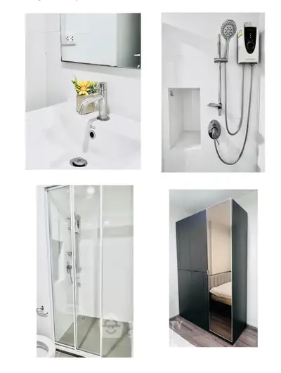 Modern bathroom with sleek fixtures and a stylish wardrobe in a contemporary apartment.