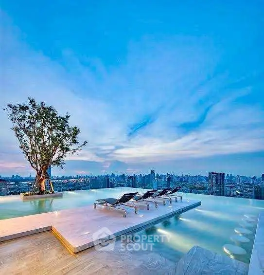 Luxurious rooftop infinity pool with stunning city skyline view at sunset.