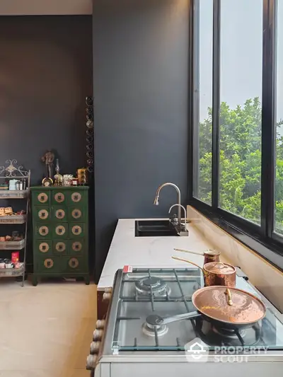 Chic modern kitchen with sleek gas stove, stylish dark cabinetry, and expansive window offering lush green views, perfect for culinary enthusiasts.