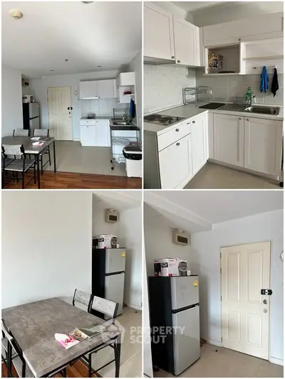 Charming kitchen with dining area in modern apartment, featuring sleek cabinetry and ample natural light.