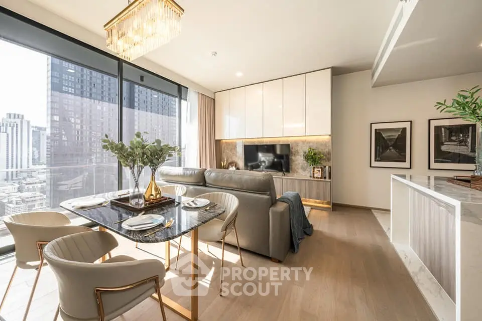 Luxurious modern living room with city view, elegant dining area, and stylish decor in high-rise apartment.