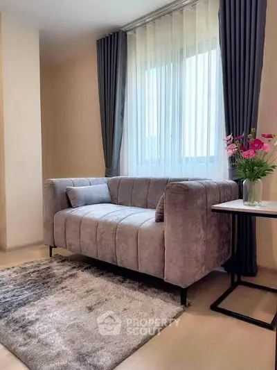 Stylish living room with plush gray sofa, elegant curtains, and a cozy rug for modern comfort.