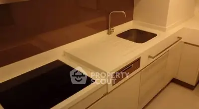 Modern kitchen with sleek white cabinetry and integrated appliances