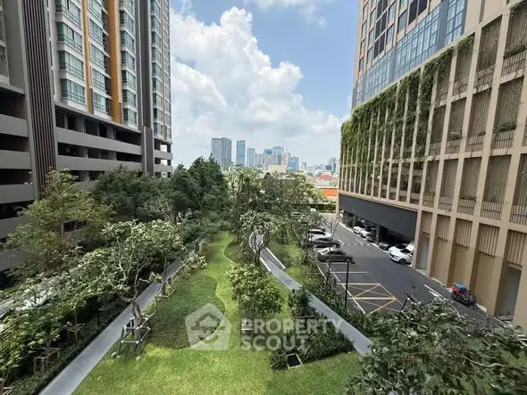 Stunning urban garden view from modern high-rise building with lush greenery and city skyline.