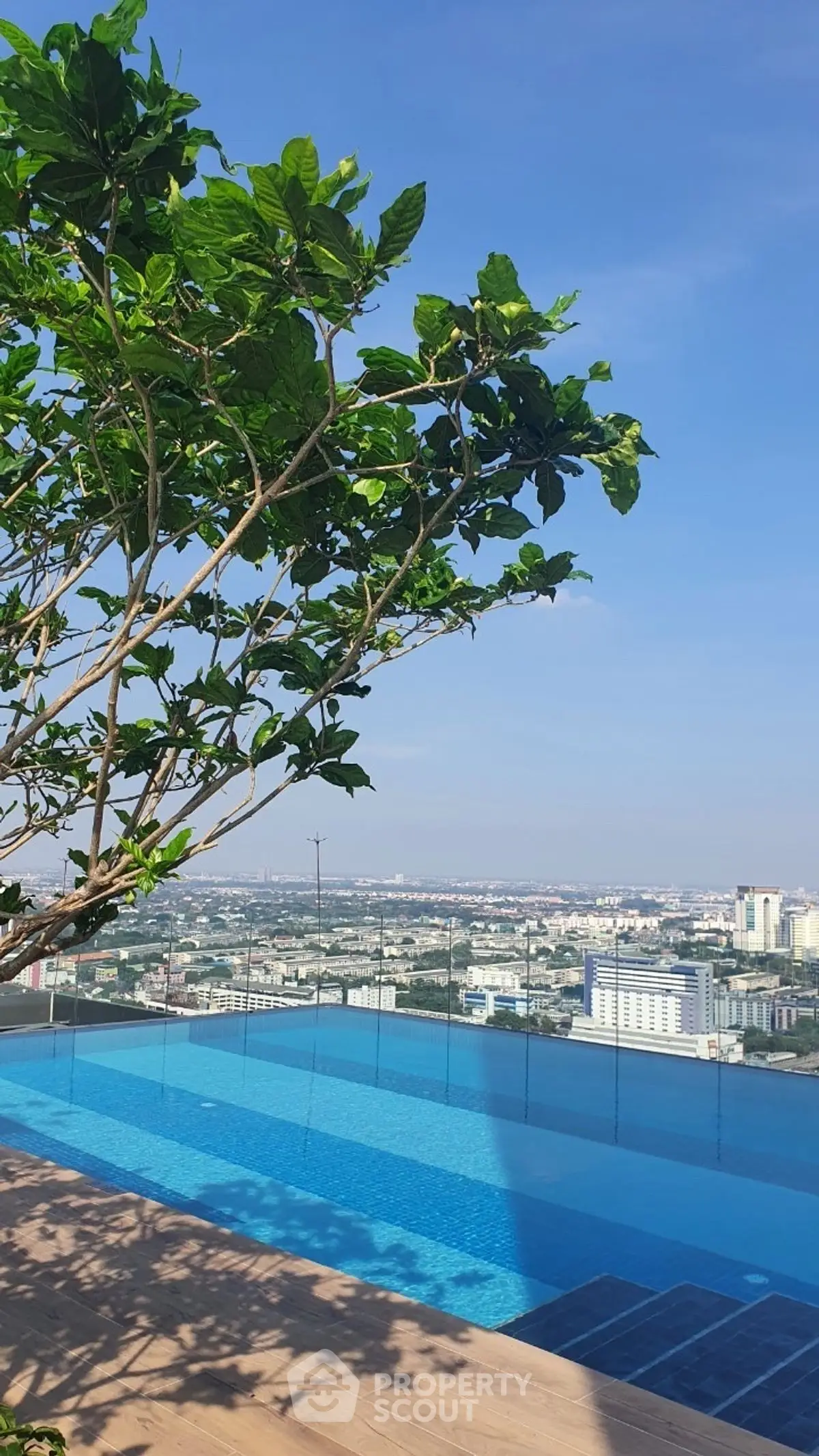 Stunning rooftop pool with panoramic city views and lush greenery.
