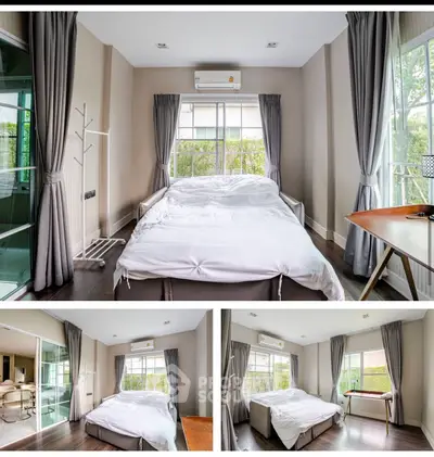 Spacious bedroom with large windows and modern decor in a stylish apartment.