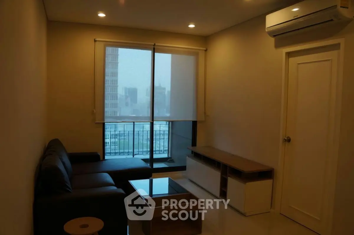 Modern living room with city view and sleek furniture in urban apartment