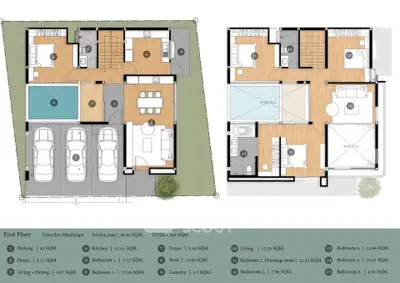 Modern house floor plan with spacious layout, pool, and parking area, ideal for luxury living.