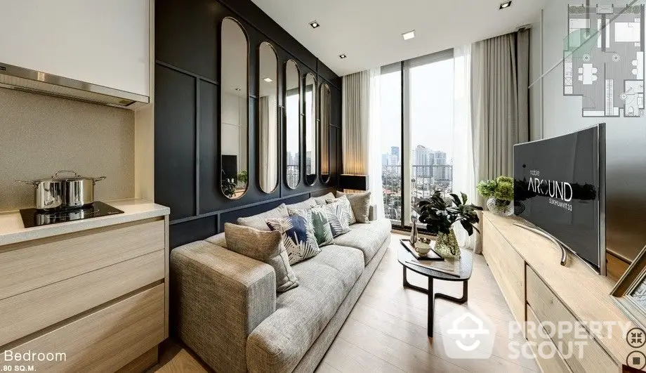 Chic modern living room with elegant furnishings, large windows offering ample natural light, and a sleek kitchenette, perfect for urban living.