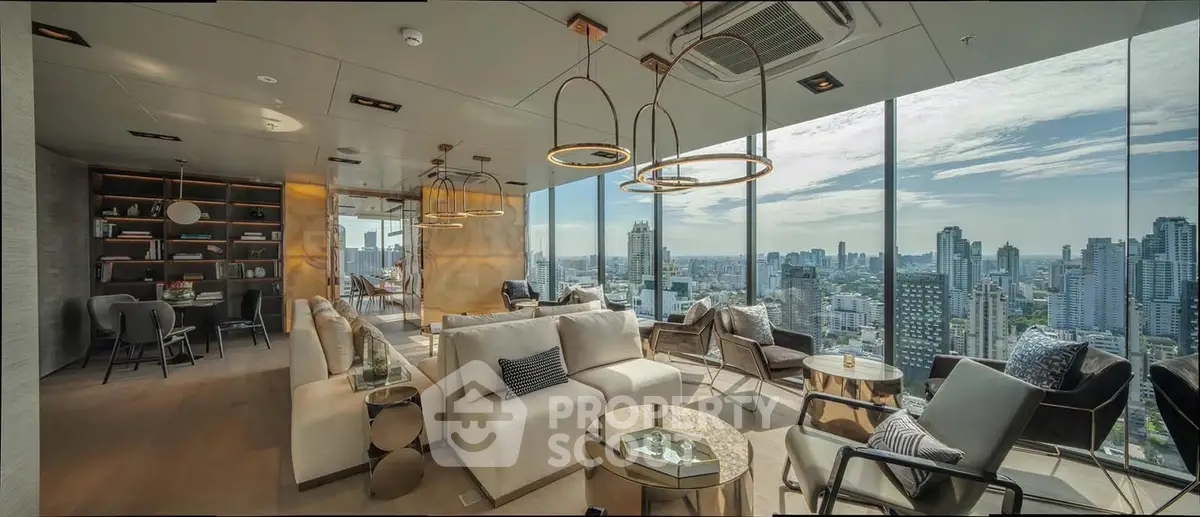 Luxurious high-rise living room with panoramic city views and modern decor