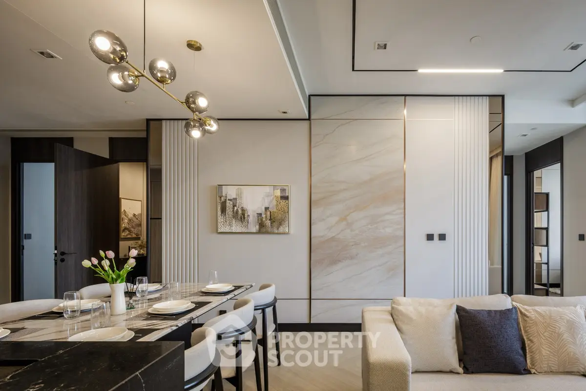 Luxurious modern living room with elegant dining area and stylish decor