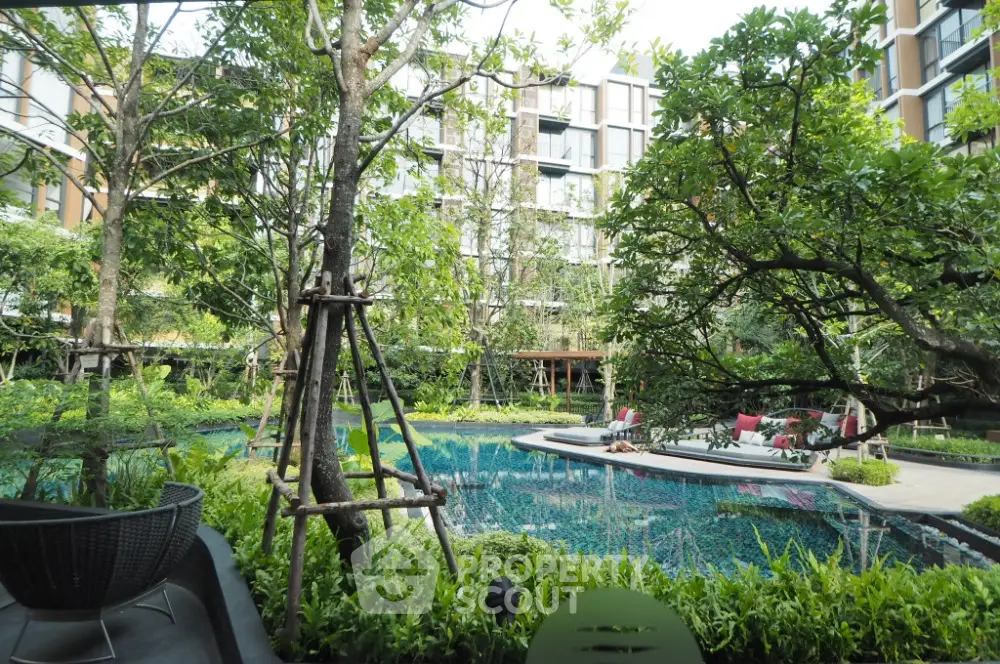 Luxurious garden view with pool in modern residential complex