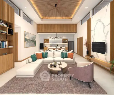 Luxurious modern living room with open kitchen and stylish decor