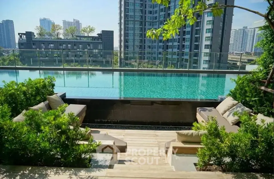 Luxurious rooftop pool with city skyline view and cozy seating area.