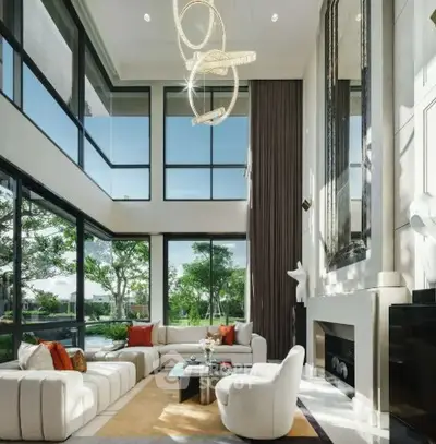 Luxurious modern living room with high ceilings and large windows offering stunning garden views.