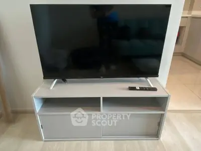 Modern living room with sleek TV stand and flat-screen television