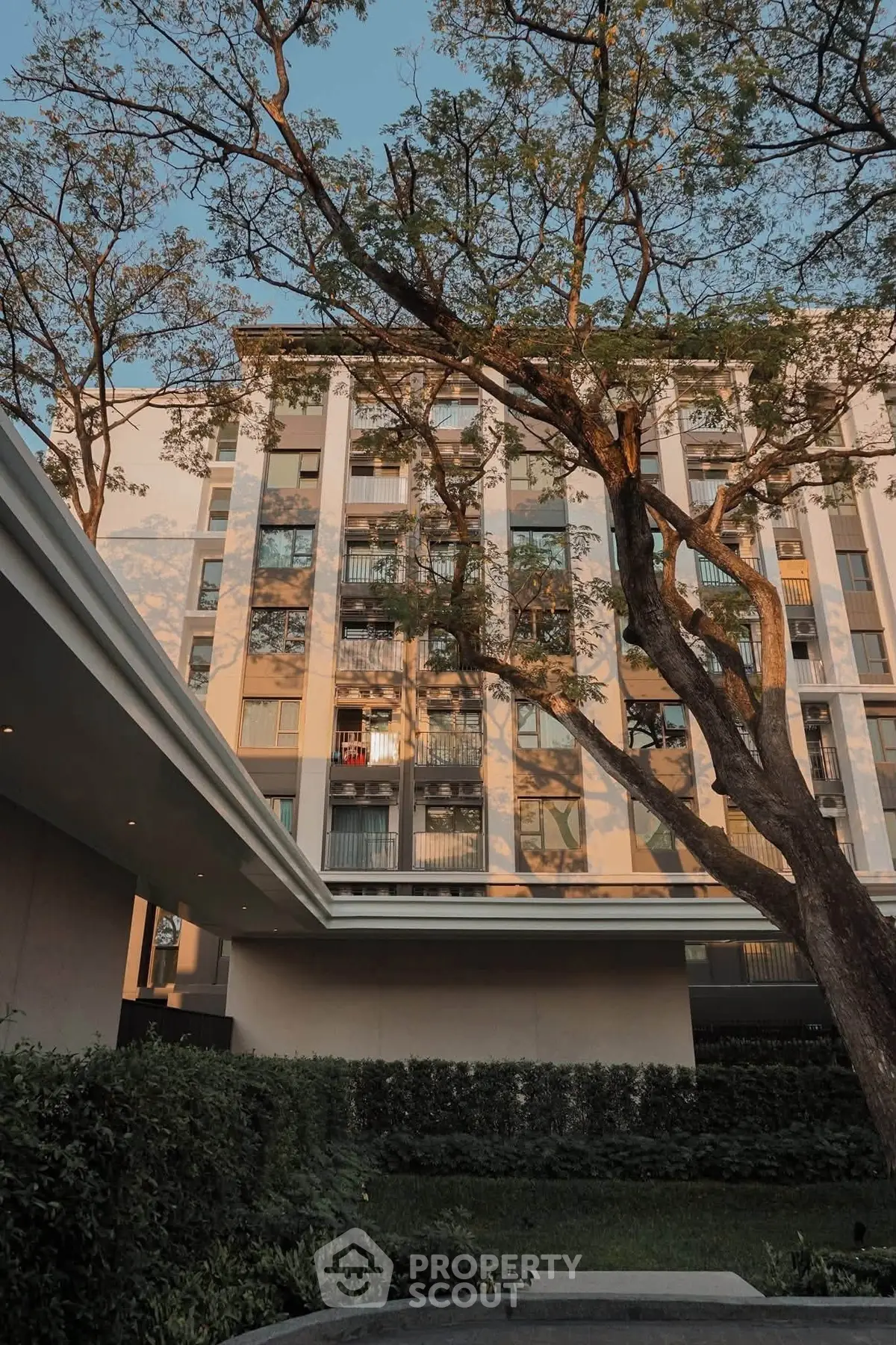 Modern apartment building exterior with lush greenery and tall trees at sunset.