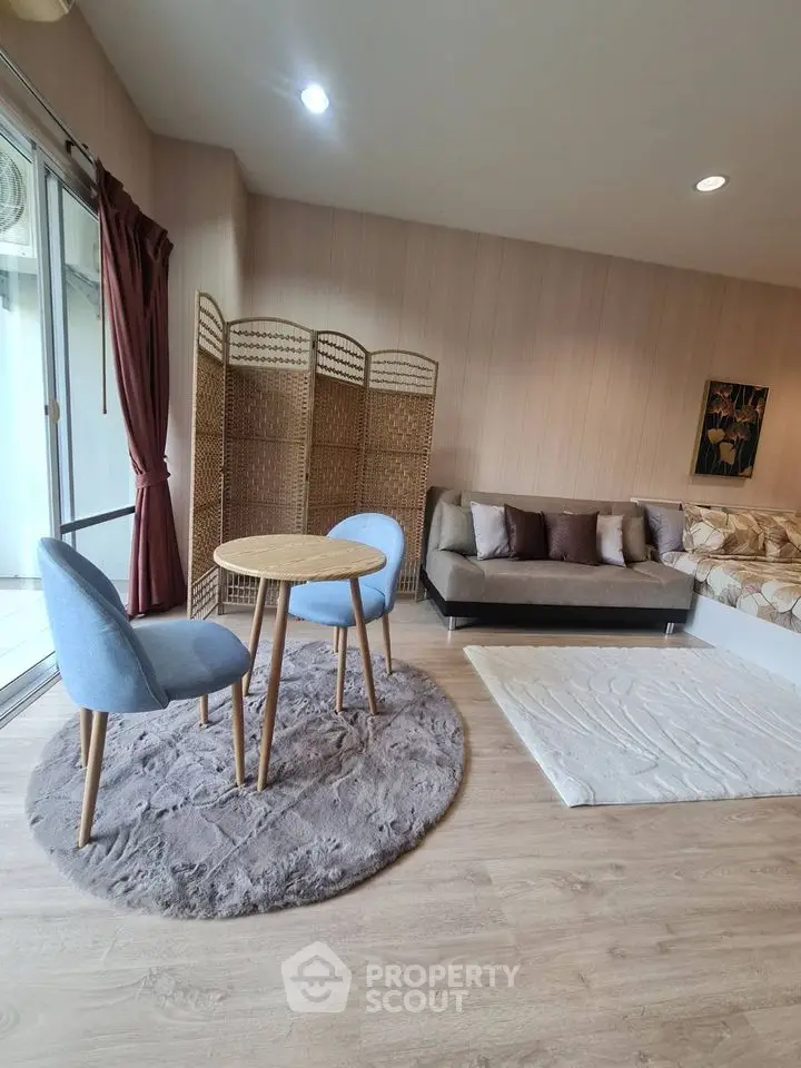 Modern living room with cozy seating and stylish decor
