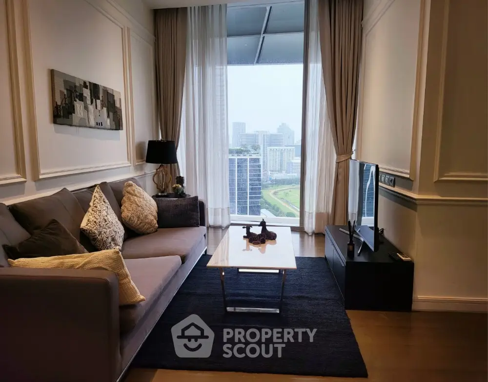 Luxurious living room with stunning city view, modern decor, and elegant furnishings.