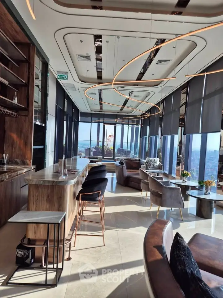 Luxurious modern lounge with panoramic city views and elegant furnishings