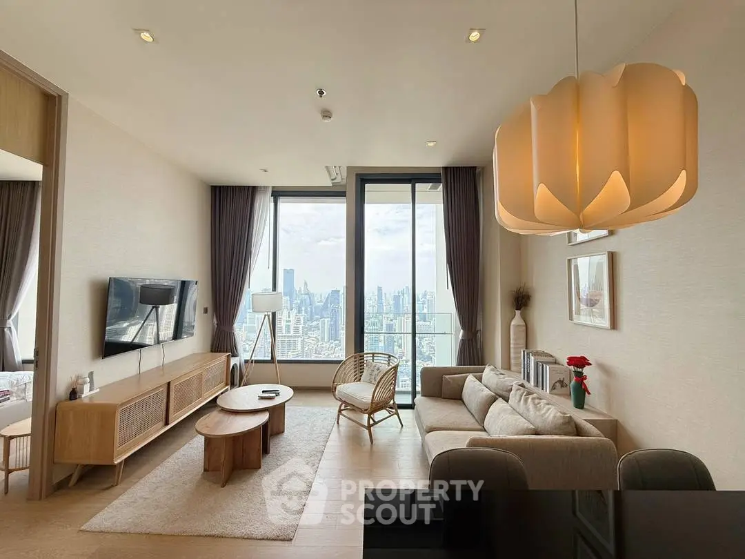 Modern living room with panoramic city view and stylish decor