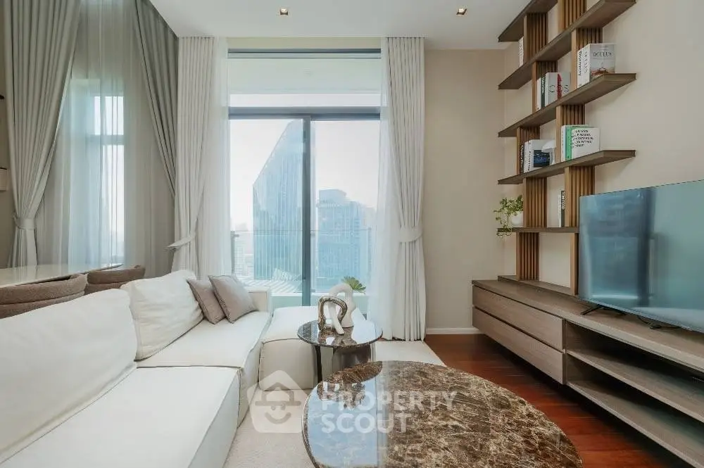 Luxurious living room with modern decor and stunning city view