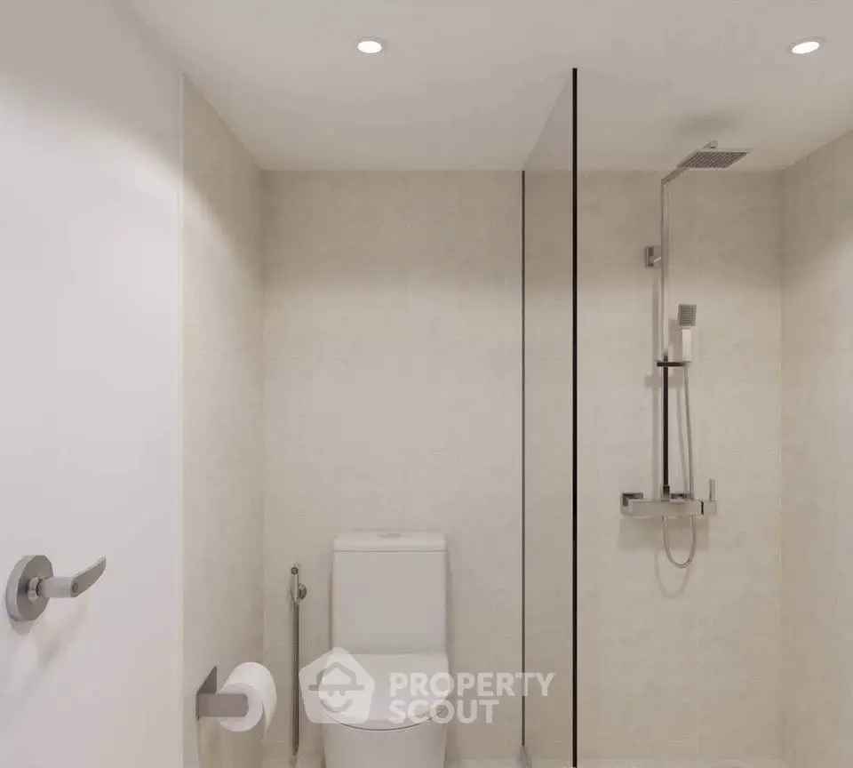 Modern minimalist bathroom with sleek shower and toilet design