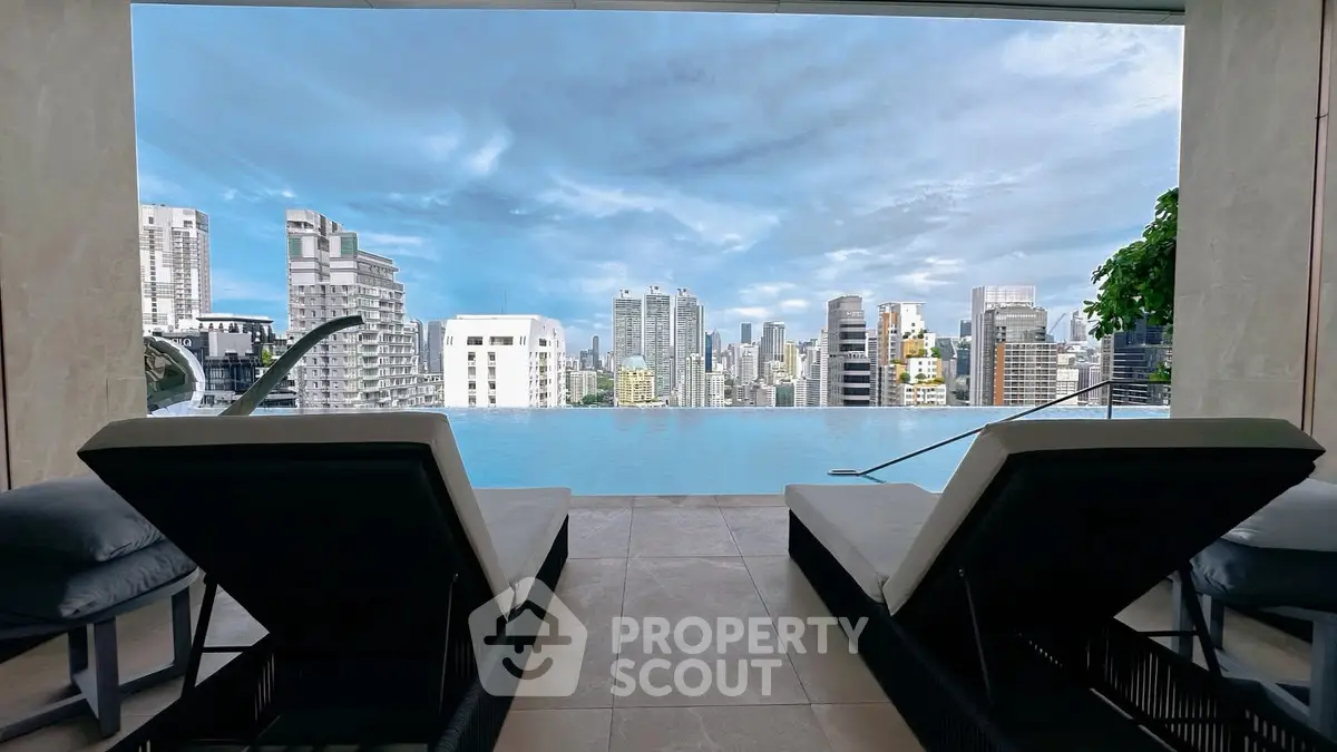 Luxurious rooftop pool with stunning city skyline view, perfect for urban relaxation.