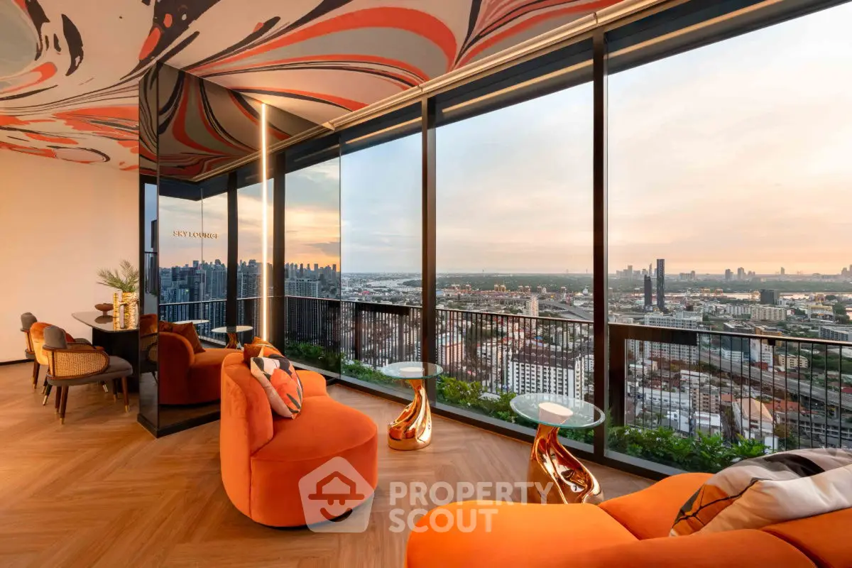 Luxurious living room with panoramic city view and modern decor