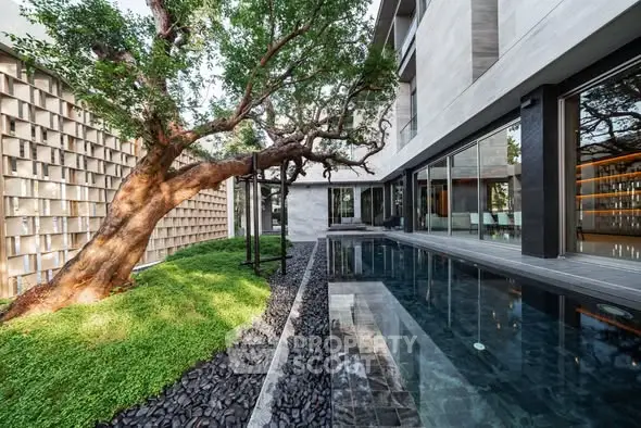 Luxurious modern home with stunning pool and lush garden, perfect for relaxation and entertaining.