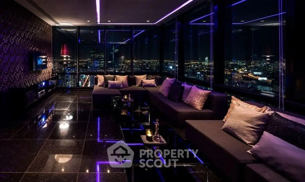 Luxurious modern living room with stunning city night view and ambient lighting.