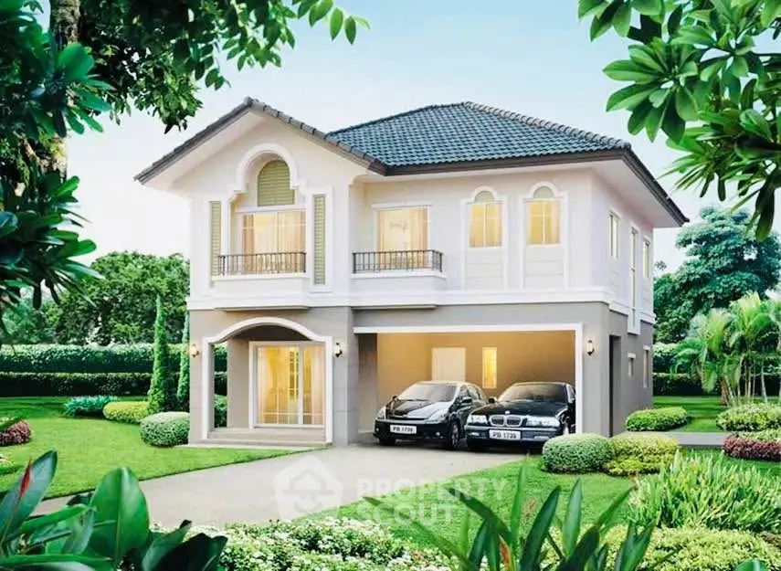 Stunning two-story house with lush garden and double garage, perfect for family living.