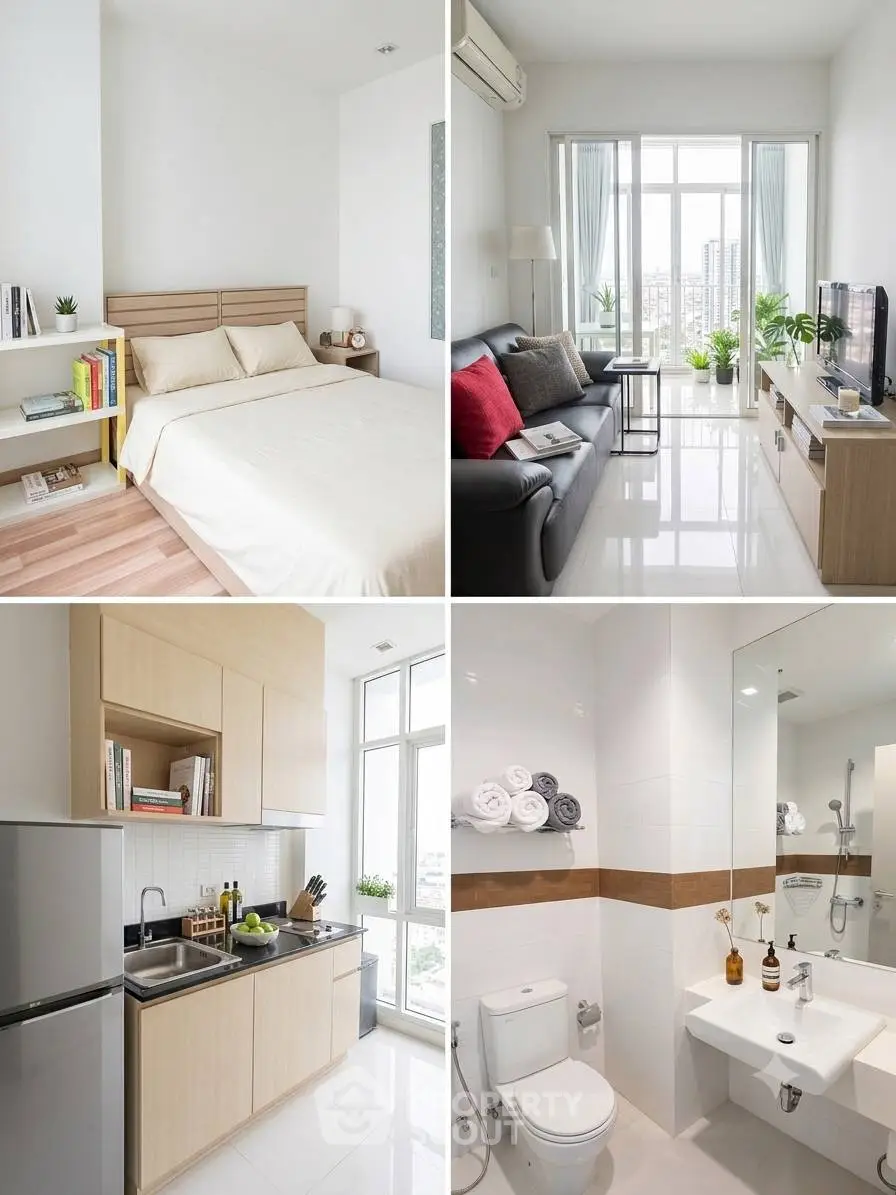 Modern apartment interior with cozy bedroom, stylish living room, sleek kitchen, and pristine bathroom.