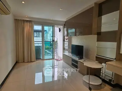 Modern living room with balcony view in high-rise apartment