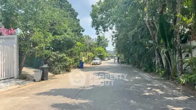 Charming residential street lined with lush greenery and trees, offering a serene and picturesque neighborhood view.