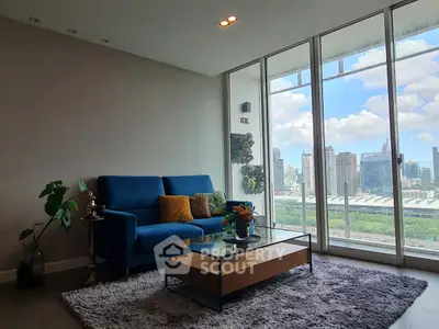 Modern living room with stunning city view and elegant decor
