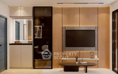 Modern living room with sleek wooden paneling and stylish decor