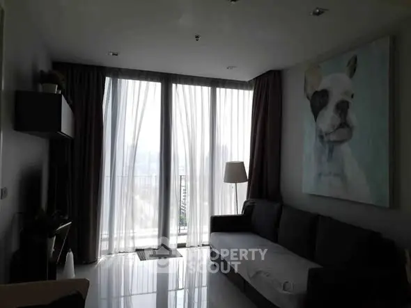 Modern living room with large windows and stylish decor