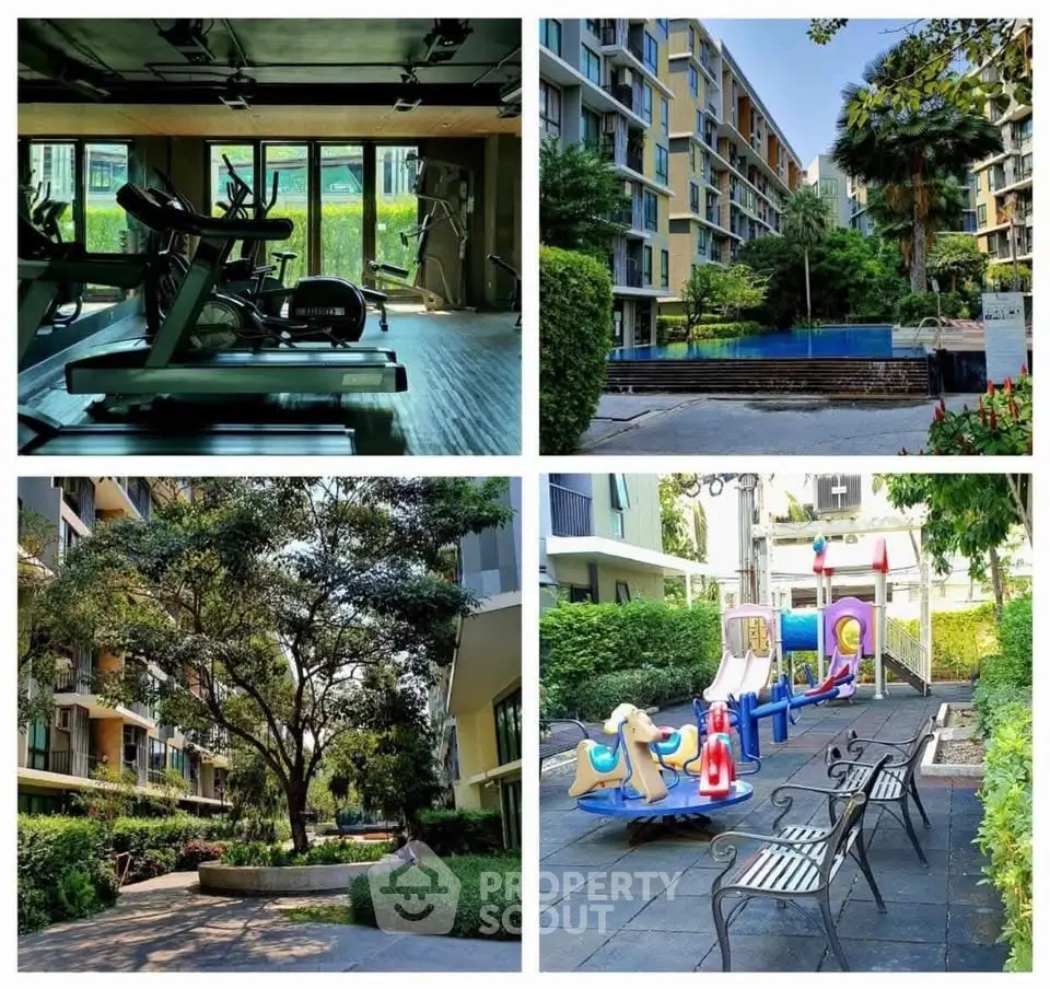 Modern residential complex with gym, pool, lush garden, and children's playground.
