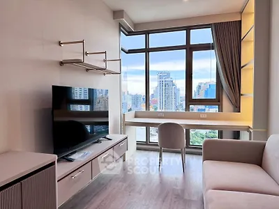 Modern living room with large window offering stunning city view, featuring sleek furniture and elegant decor.